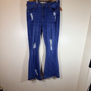 Celebrity Ace Women's Flare Stretch Jeans Size 11/30 Distressed Dark Wash Retro